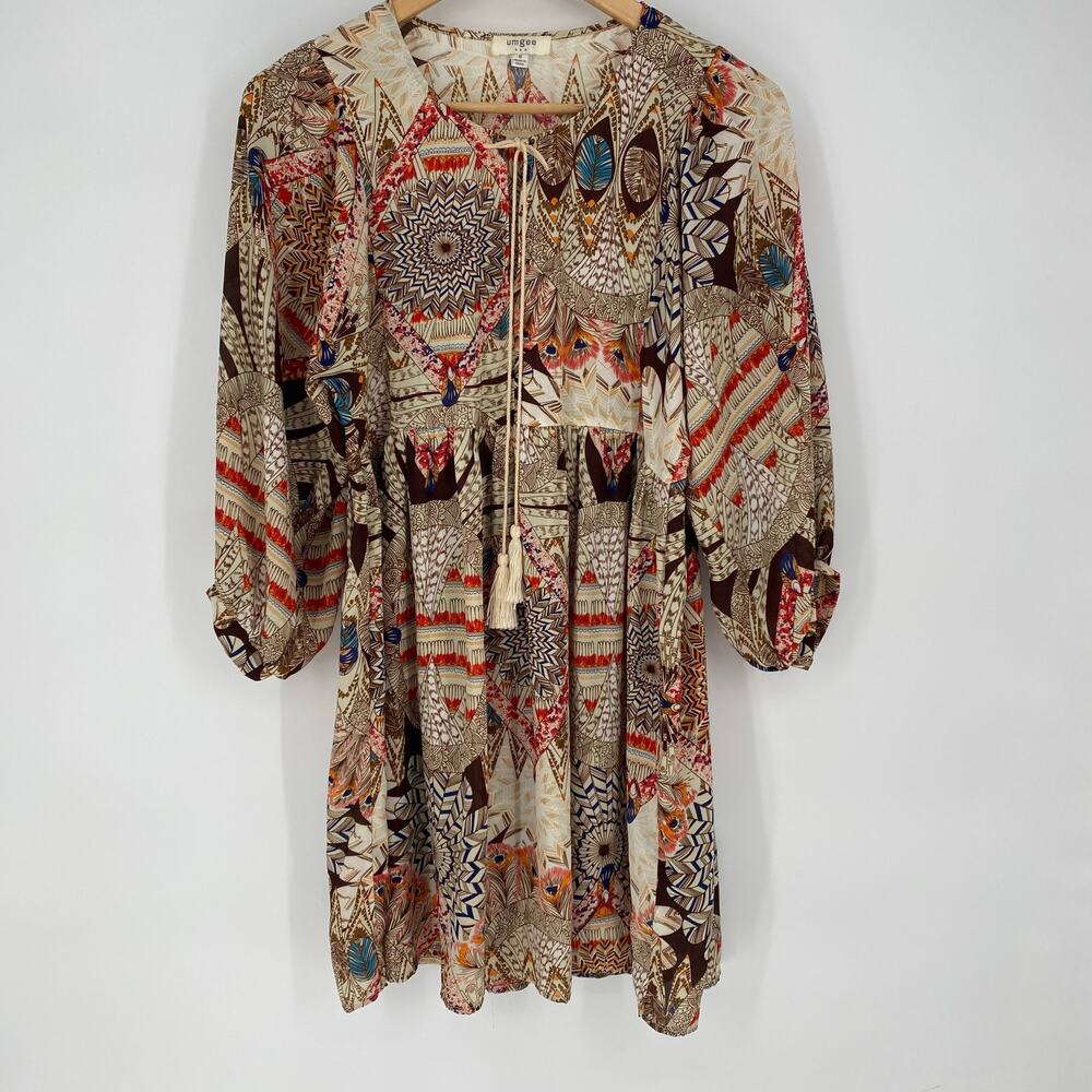Umgee Dress Women’s Medium Bohemian‎ Feather Print Balloon Sleeve Tassel Tie